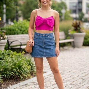 Fuchsia Bow-Front Strapless Crop Top